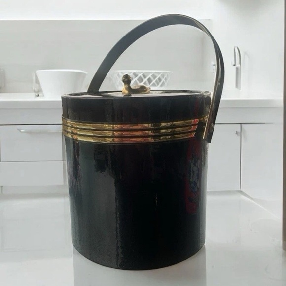 VTG Ice Bucket Vinyl Black Gold Brass Duck Lid Handle Retro 1960’s MCM Hollywood - Picture 1 of 7